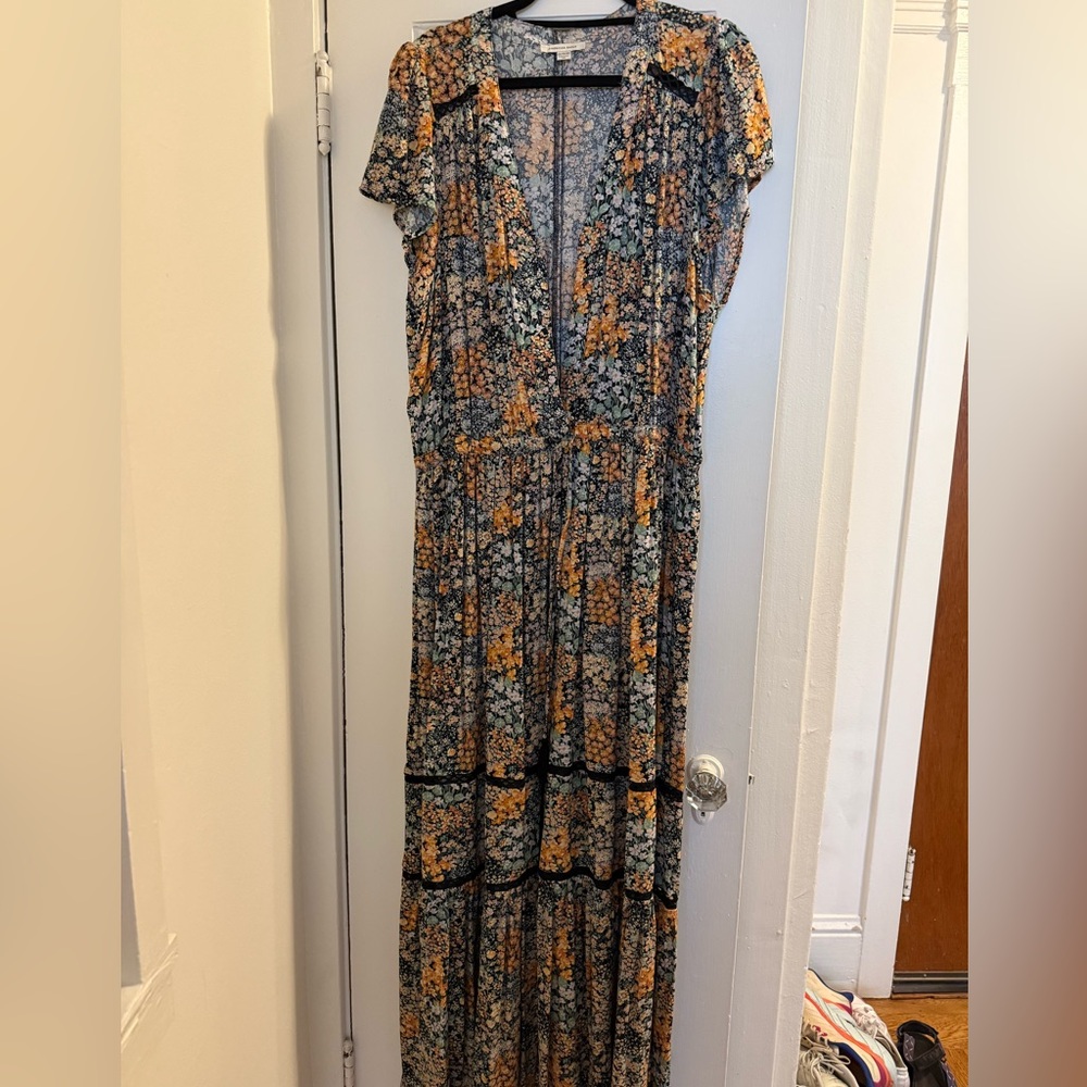 American Eagle Floral Maxi Dress with Black Lace Accents